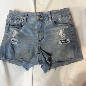 American Eagle Hi Rise Denim Shorts Size 10 Distressed 360 Super Stretch Light